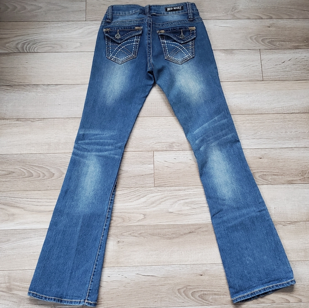 Red Rivet Bootcut Distressed Jeans - Picture 5 of 15